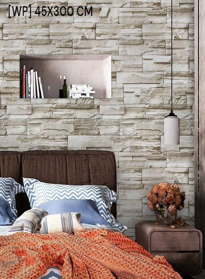 Wegopro 3D Grey White Brick Stone Peel and Stick Home Wallpaper, PVC Self Adhesive Wall Decor for Living Room, Hall, Restaurant (300 x 45 cm) (Gray White Brick) - Image 2
